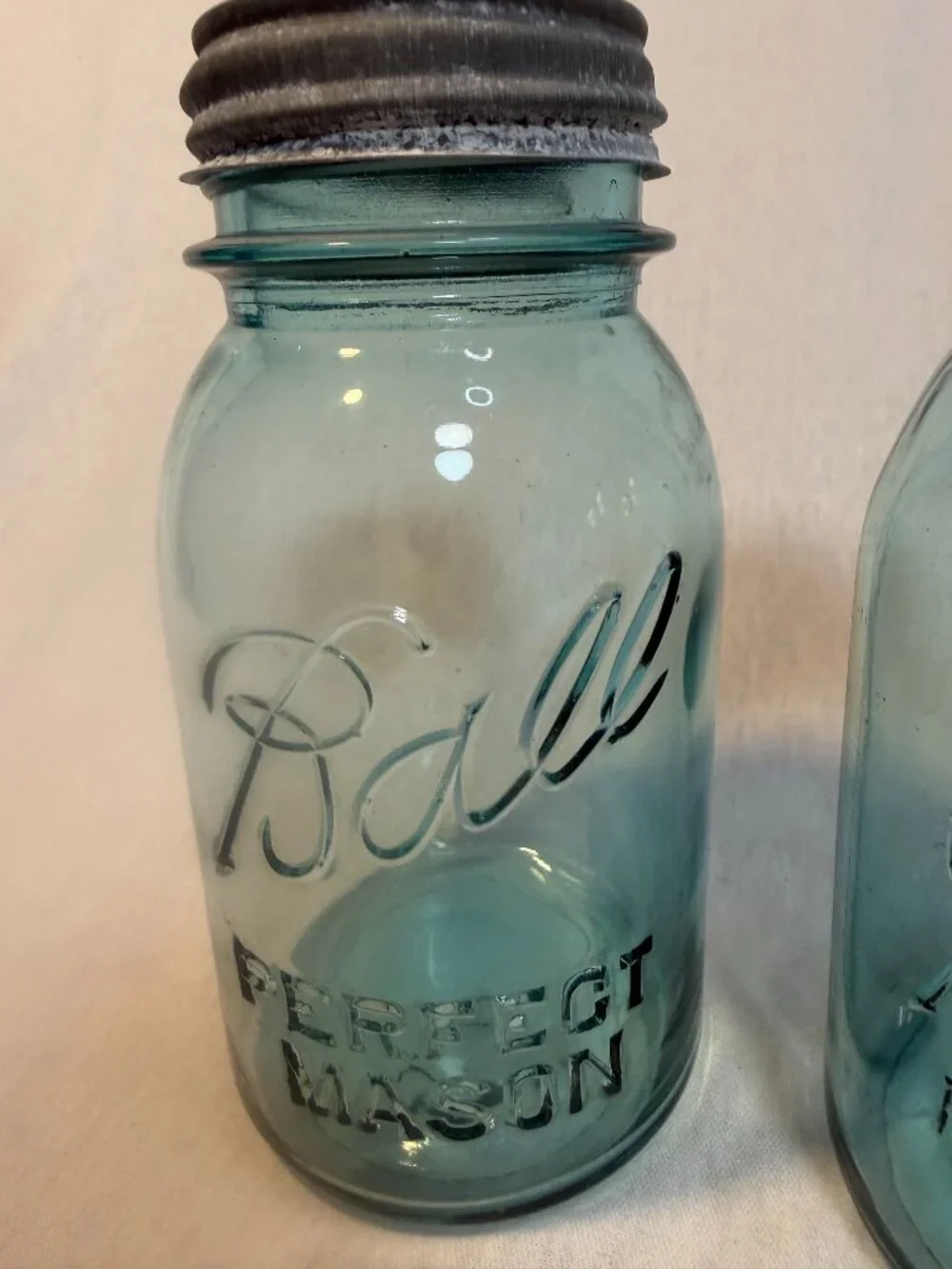 Vintage Ball Perfect Mason Blue Jars Zinc Lids Milk Glass Inserts Set of 2